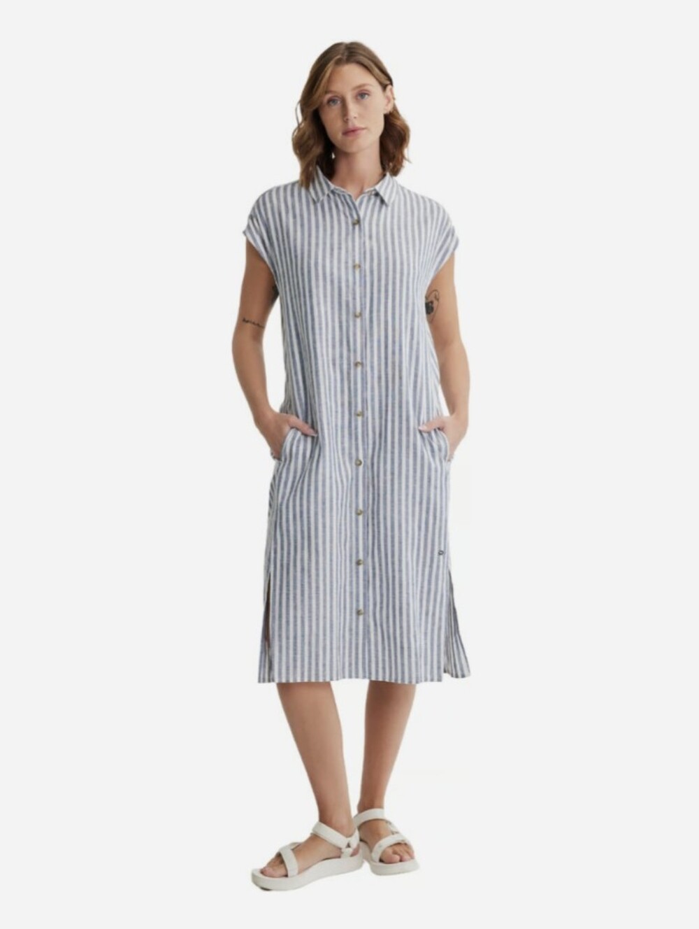 FIG Clothing Striped Linen Button-Front Shirt Dress in Navy and White